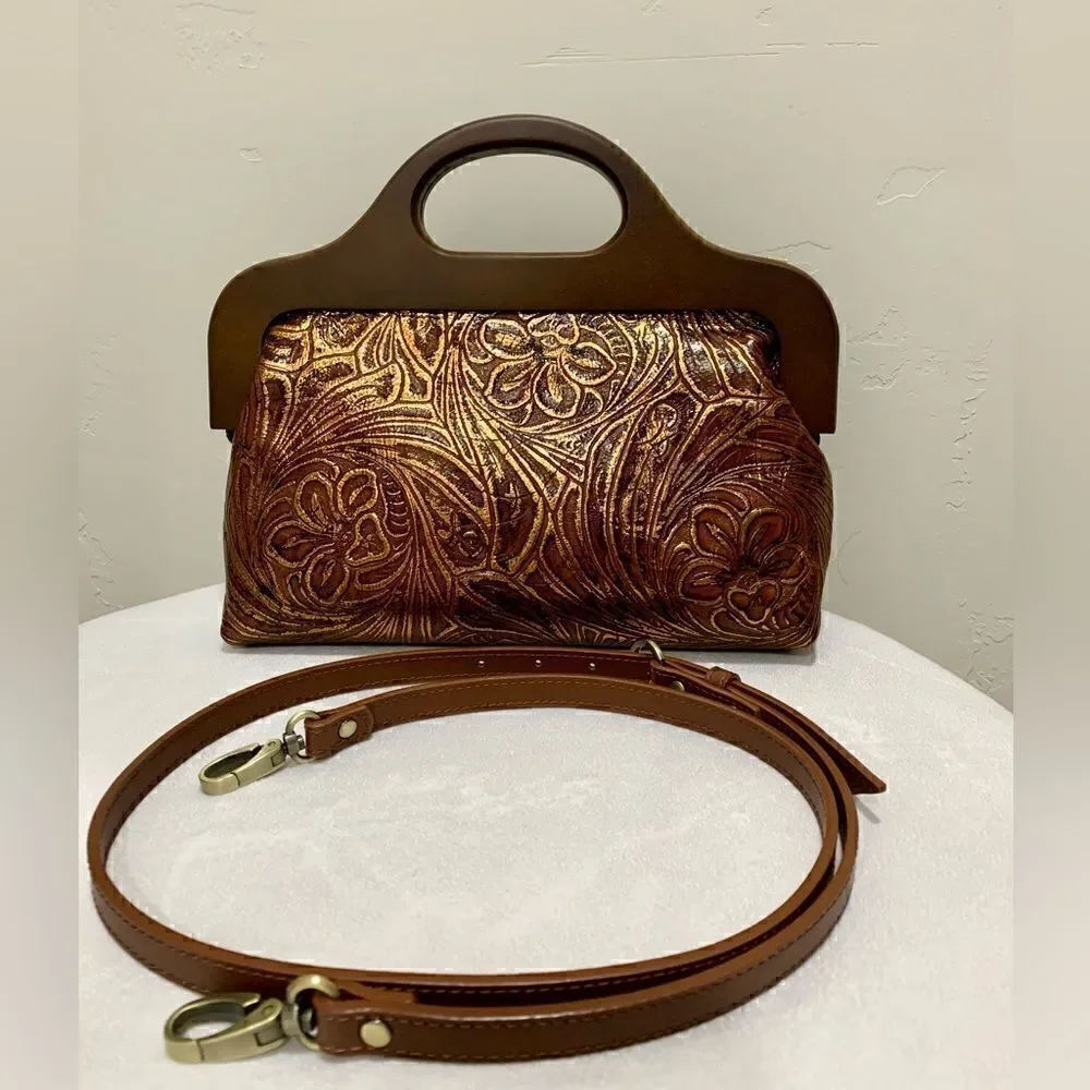 Vintage Style Handmade Genuine Embossed Leather Wooden Frame Bag/Crossbody
